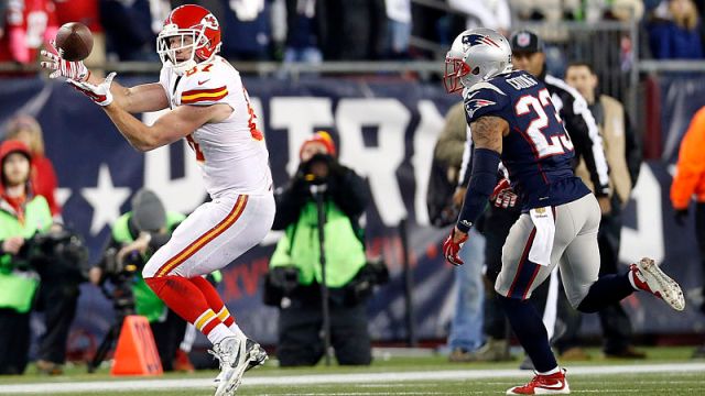 Kansas City Chiefs tight end Travis Kelce and New England Patriots safety Patrick Chung