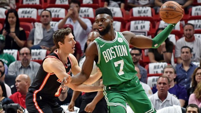 Miami Heat guard Goran Dragic and Boston Celtics guard Jaylen Brown