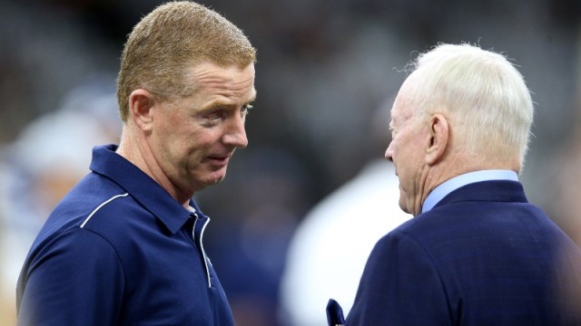 Dallas Cowboys head coach Jason Garrett (left) and team owner Jerry Jones