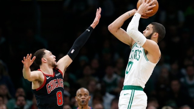 Boston Celtics forward Jayson Tatum (0) and Chicago Bulls guard Zach LaVine (8)