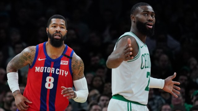 Detroit Pistons Forward Markieff Morris and Boston Celtics Guard Jaylen Brown