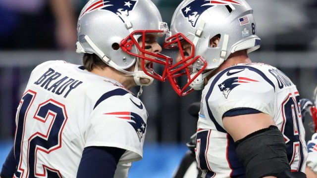 New England Patriots quarterback Tom Brady (12) and former Patriots tight end Rob Gronkowski (87)