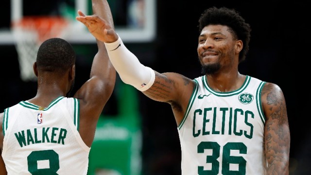 Boston Celtics guards Marcus Smart (36) and Kemba Walker (8)