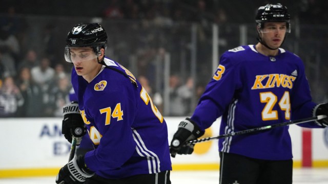 Los Angeles Kings left wing Nikolai Prokhorkin and right wing Dustin Brown