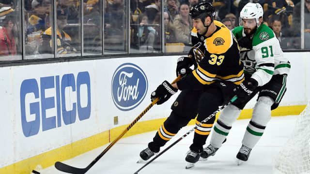 Boston Bruins defenseman Zdeno Chara and Dallas Stars forward Tyler Seguin