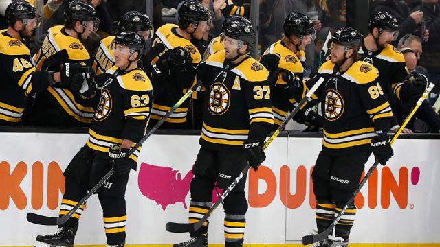 Boston Bruins left wing Brad Marchand center Patrice Bergeron and right wing David Pastrnak
