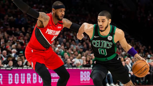 Boston Celtics forward Jayson Tatum and Portland Trail Blazers forward Carmelo Anthony
