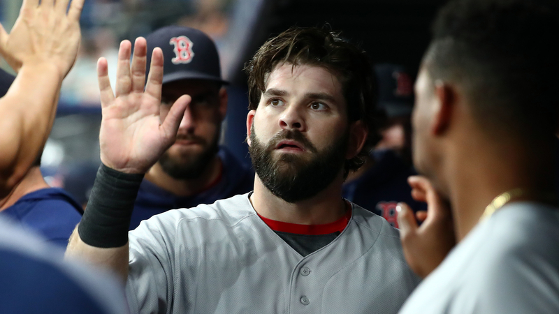 Mitch Moreland put now Boston Red Sox teammate Kevin Pillar in headlock  during Rougned Odor, Jose Bautista brawl four years ago today 