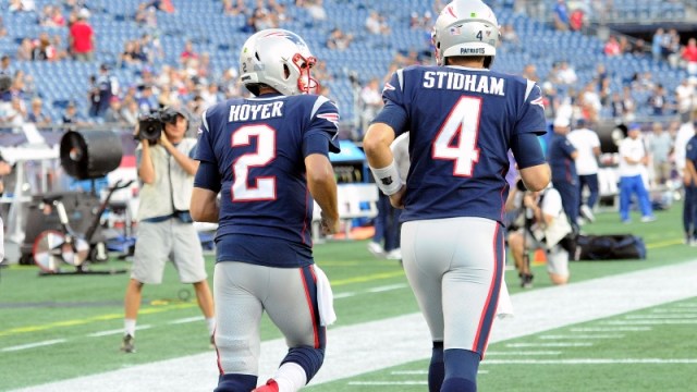 New England Patriots quarterbacks Brian Hoyer (2) and Jarrett Stridham (4)