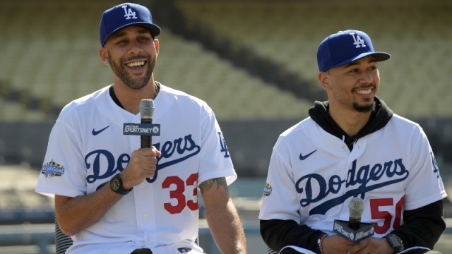 Los Angeles Dodgers pitcher David Price (left) and outfielder Mookie Betts