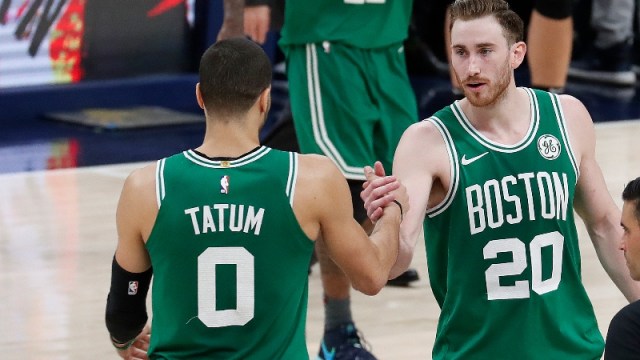 Boston Celtics forwards Jayson Tatum (left) and Gordon Hayward