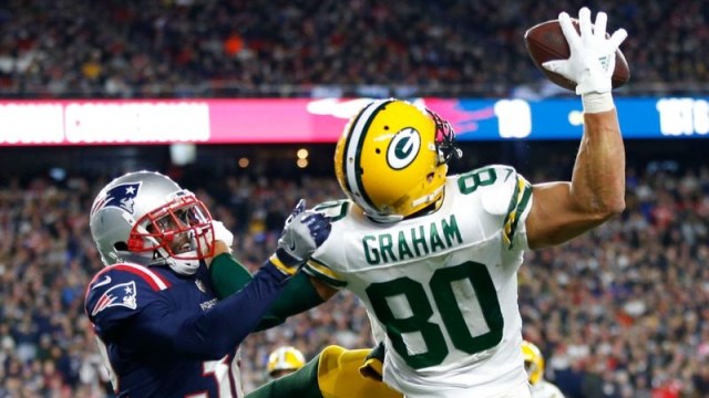Green Bay Packers tight end Jimmy Graham and New England Patriots safety Devin McCourty