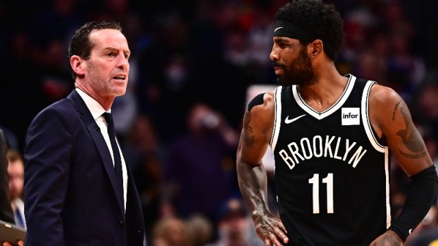 Former Brooklyn Net head coach Kenny Atkinson and guard Kyrie Irving (11)