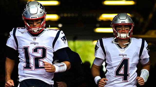 New England Patriots quarterbacks Tom Brady and Jarrett Stidham