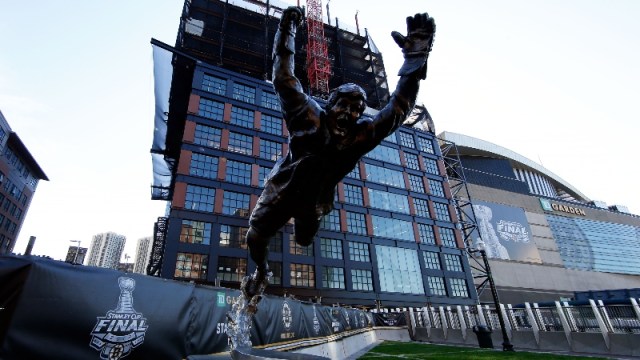 A statue depicting Boston Bruins legend Bobby Orr