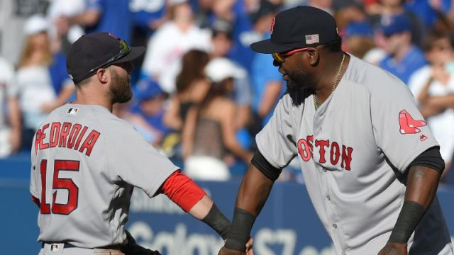 Boston Red Sox players Dustin Pedroia and David Ortiz