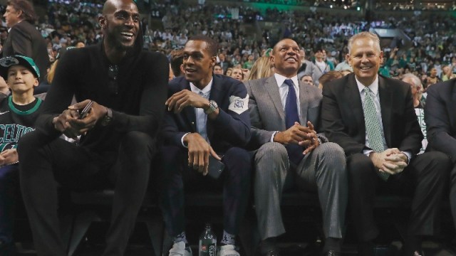 Former Boston Celtics forward Kevin Garnett, guard Rajon Rondo, head coach Doc Rivers and current president of basketball operations Danny Ainge