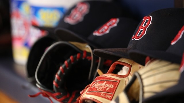 Hats and gloves of Red Sox players
