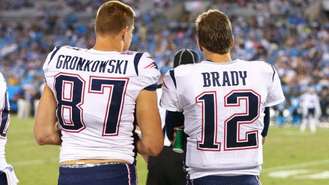 Tampa Bay Buccaneers tight end Rob Gronkowski (left) and quarterback Tom Brady