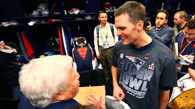 New England Patriots owner Robert Kraft and Tampa Bay Buccaneers quarterback Tom Brady