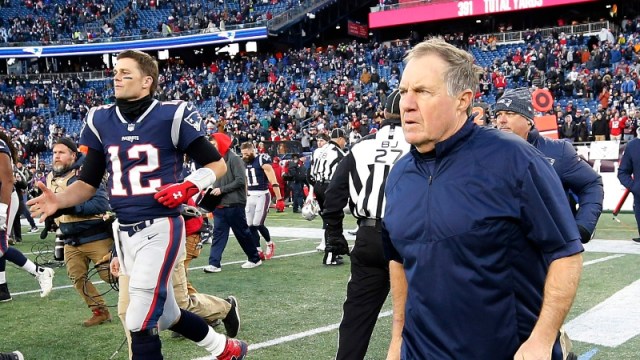 New England Patriots head coach Bill Belichick (right) and former quarterback Tom Brady