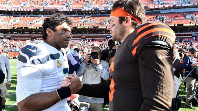 Seattle Seahawks quarterback Russell Wilson and Cleveland Browns quarterback Baker Mayfield