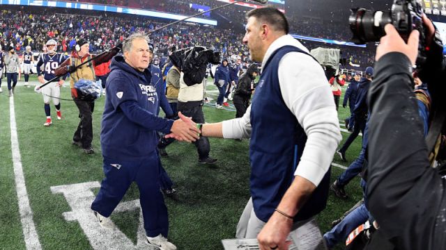 New England Patriots head coach Bill Belichick and Tennessee Titans head coach Mike Vrabel