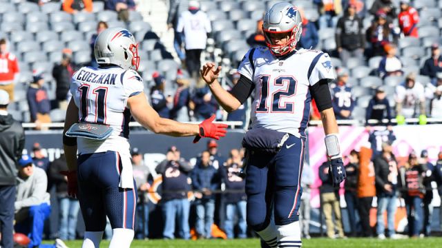 New England Patriots wide receiver Julian Edelman and Tampa Bay Buccaneers quarterback Tom Brady