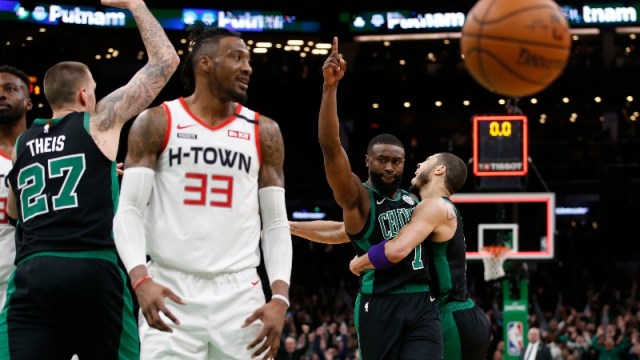 Boston Celtics forwards Jaylen Brown (7) and Jayson Tatum (0)