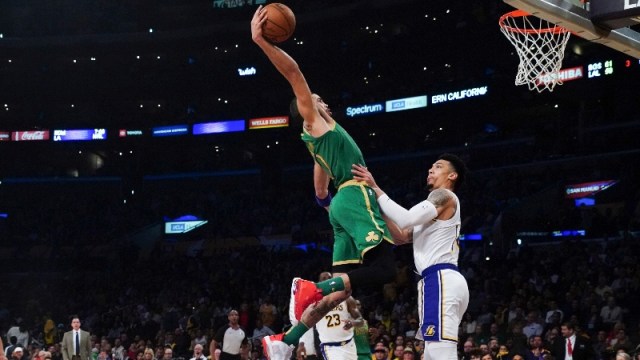 Boston Celtics forward Jayson Tatum (0) and Los Angeles Lakers guard Danny Green (14)