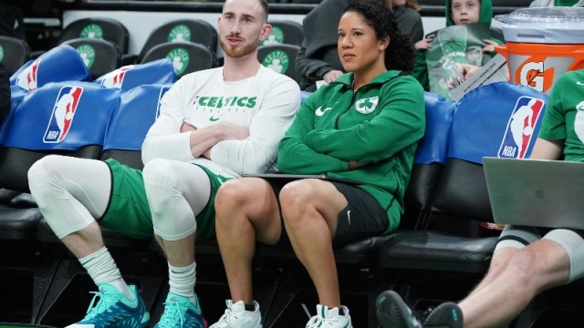 Boston Celtics assistant coach Kara Lawson (left) and forward Gordon Hayward