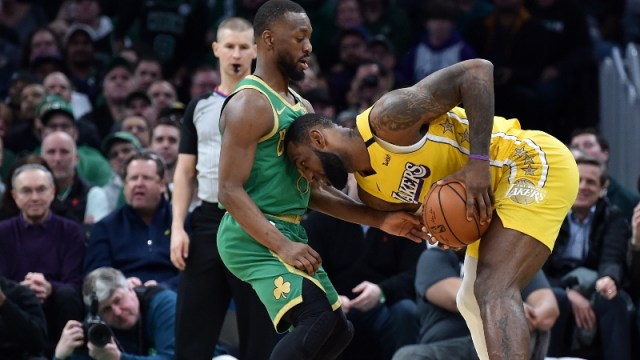 Boston Celtics guard Kemba Walker (left) and Los Angeles Lakers forward LeBron James