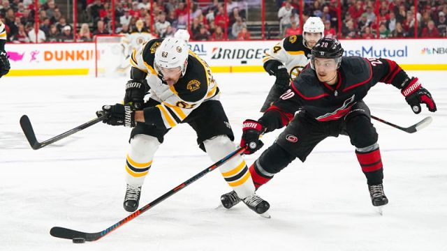 Boston Bruins left wing Brad Marchand and Carolina Hurricanes center Sebastian Aho