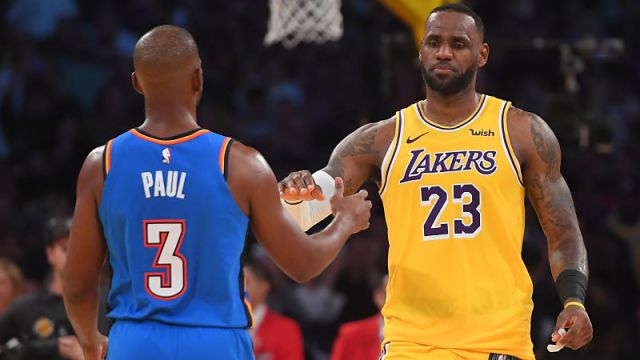 Oklahoma City Thunder point guard Chris Paul and Los Angeles Lakers forward LeBron James