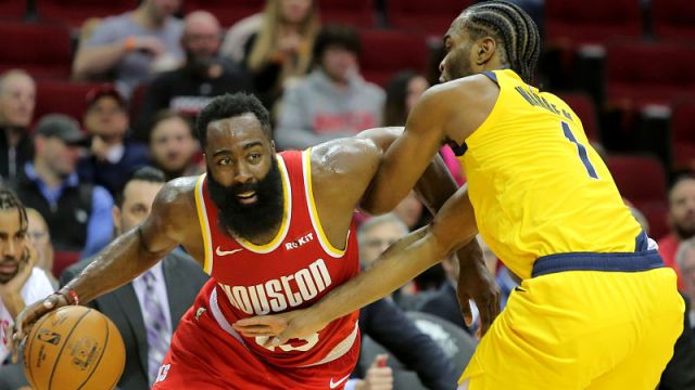 Houston Rockets guard James Harden and Indiana Pacers forward T.J. Warren