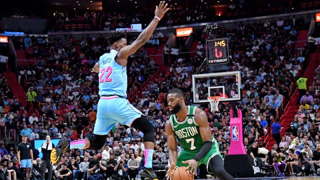 Miami Heat forward Jimmy Butler and Boston Celtics guard Jaylen Brown