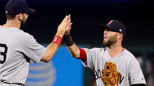 Boston Red Sox first baseman Mitch Moreland and second baseman Dustin Pedroia