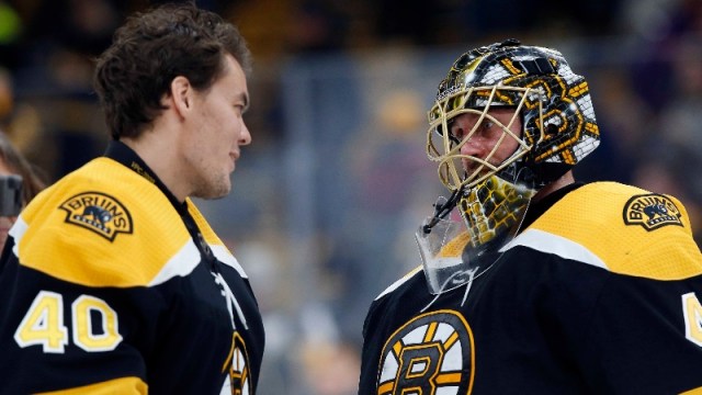 Boston Bruins goaltenders Tuukka Rask (40) and Jaroslav Halak (41)