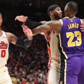Portland Trail Blazers guard Damian Lillard, Trail Blazers' forward Carmelo Anthony, Los Angeles Lakers forward LeBron James