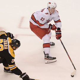 Boston Bruins defenseman Zdeno Chara and Carolina Hurricanes right wing Andrei Svechnikov