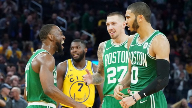 Boston Celtics' Kemba Walker, Jayson Tatum, Daniel Theis