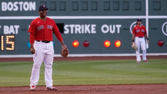 Boston Sox third baseman Rafael Devers, left fielder Andrew Benintendi