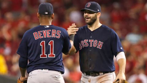 Boston Red Sox third baseman Rafael Devers and first baseman Mitch Moreland