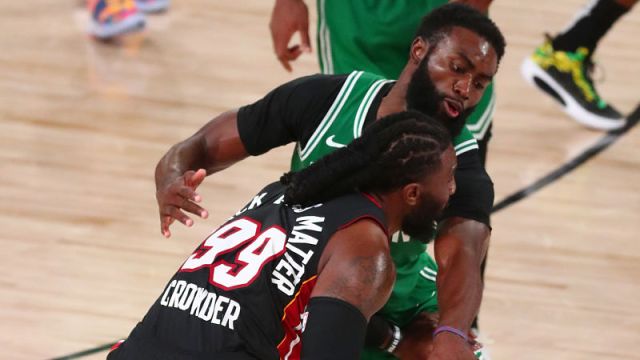 Miami Heat forward Jae Crowder and Boston Celtics guard Jaylen Brown