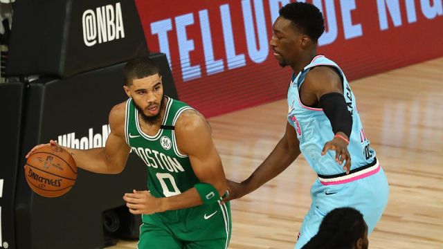 Boston Celtics forward Jayson Tatum and Miami Heat forward Bam Adebayo
