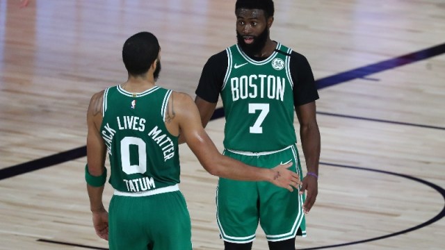 Boston Celtics forwards Jayson Tatum (0) and Jaylen Brown (7)