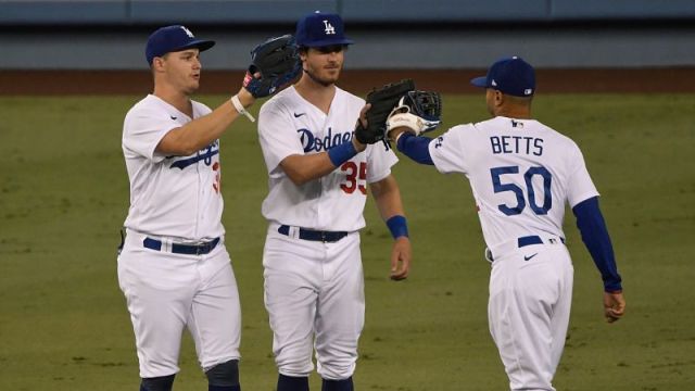 Los Angeles Dodgers outfielders Joc Pederson, Cody Bellinger, Mookie Betts