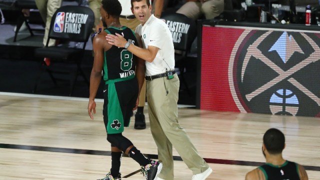 Boston Celtics point guard Kemba Walker and head coach Brad Stevens