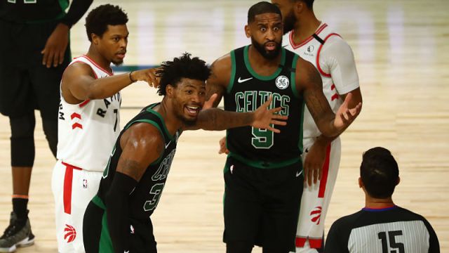 Boston Celtics guards Marcus Smart and Brad Wanamaker