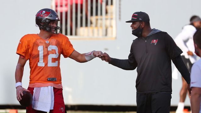 Tampa Bay Buccaneers quarterback Tom Brady and offensive coordinator Byron Leftwich